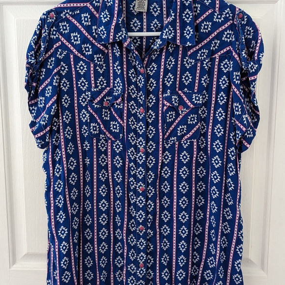 Wrangler Aztec Geometric Western Rodeo Cowboy Country Pearl Snap Blouse Top XL - Picture 1 of 6